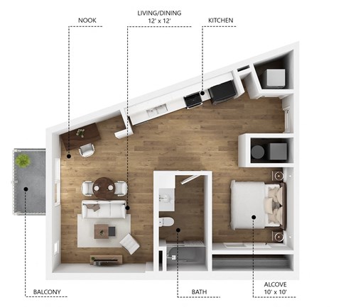 Floor plan for studio, 1 bath, 630 sqft